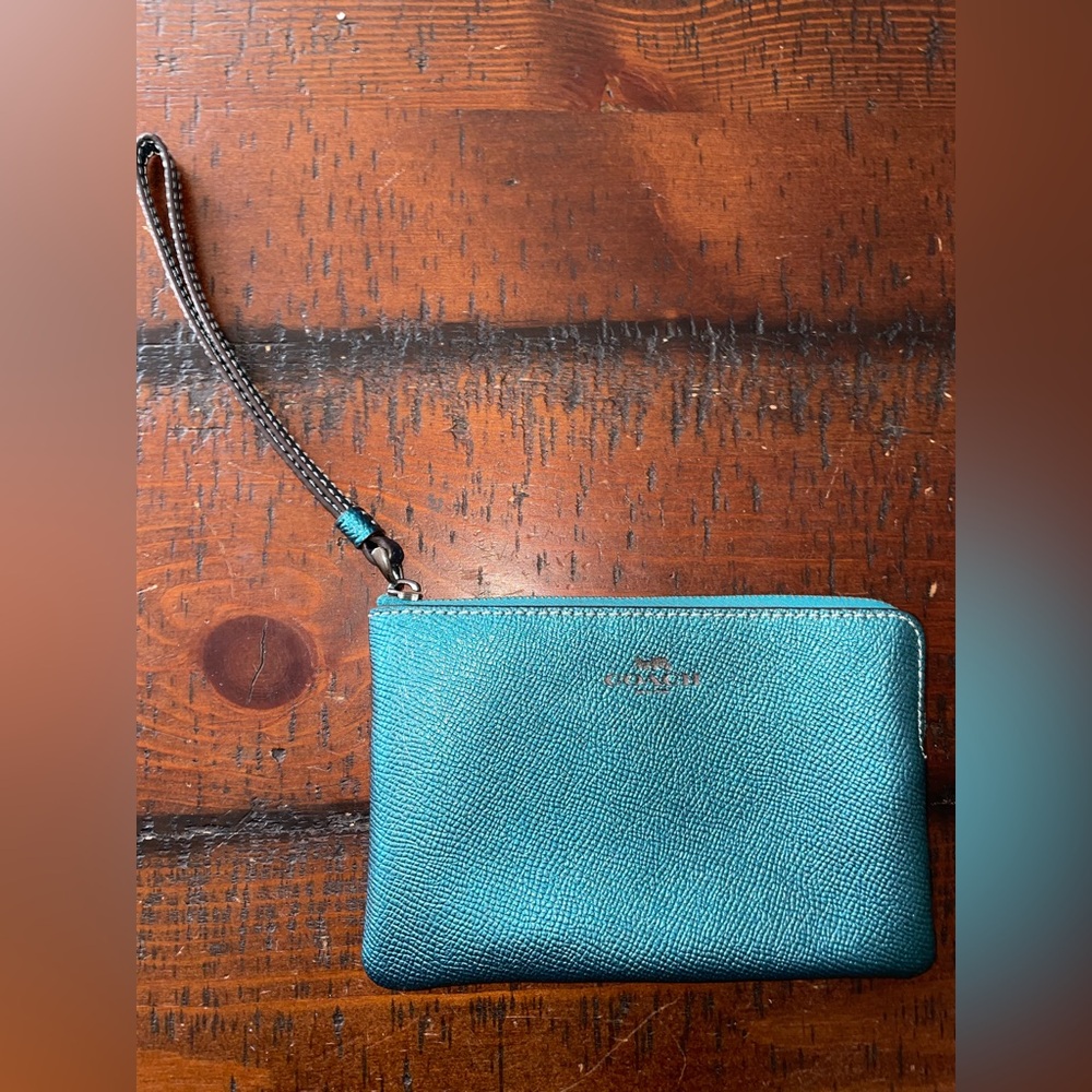 Coach metallic teal Wristlet zip pouch wallet EC~